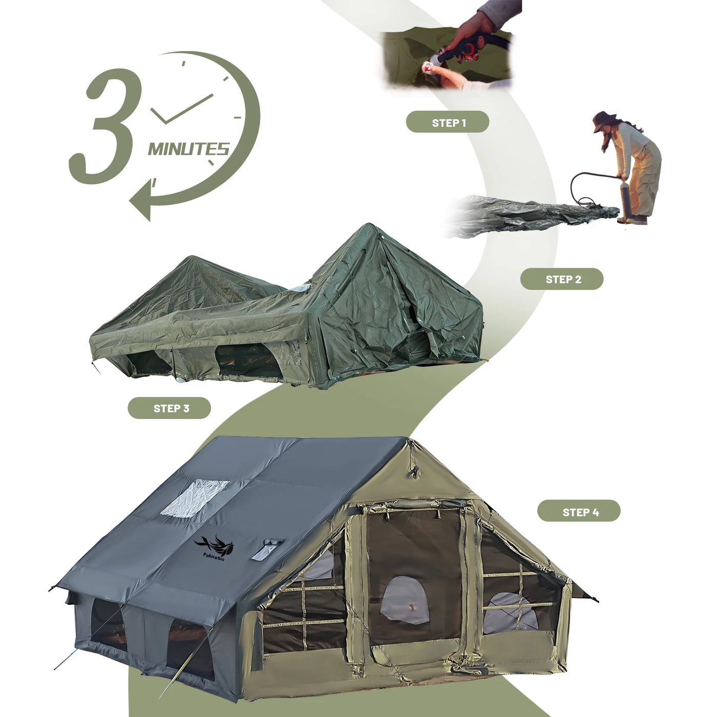 PAKICETUS Large Inflatable Camping Tent with Roof Window & Stove Space, 4-6 Person Quick Setup Air Tent, Oxford Fabric All Season Waterproof Family Outdoor Hot Tent for Camping Backpacking Hiking