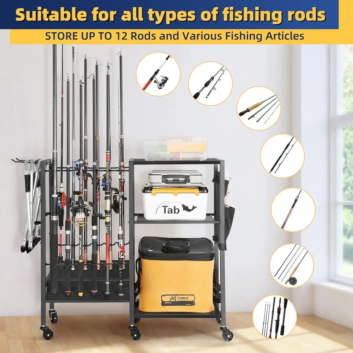 Rolling Fishing Rod Rack for Garage & Boat, Tackle Box & Reel Holder Cart, Easy Assembly Gear Management System, Gift for Dad Anglers