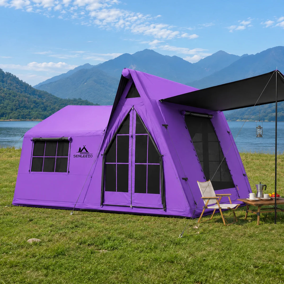 SENLEETO Large Inflatable Camping Tent 4-6 Person with Rain Fly/Canopy,Black Coating Glamping Hot Tent with Stove Jack AC Vent