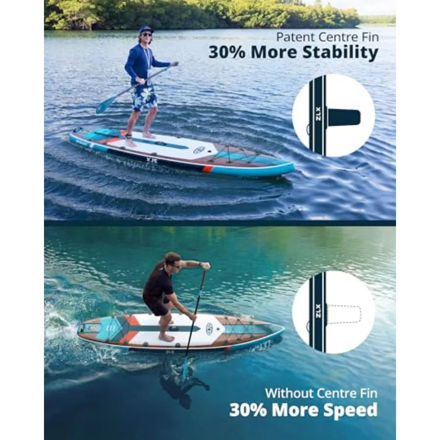 Touring Inflatable Paddle Board, Extra Wide, Wood-Look Blue, with Paddle & Pump