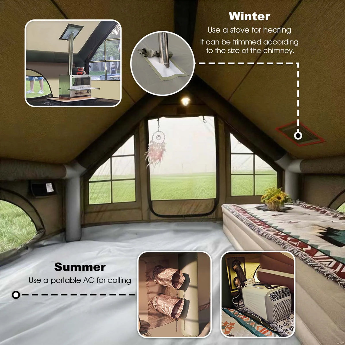 Inflatable Glamping Tent 4/6/8 Person with Skylight,4 Season Waterproof Inflatable Hot Tent with Stove Jack&AC Vent,Easy Setup Air Tent with High Pressure Pump