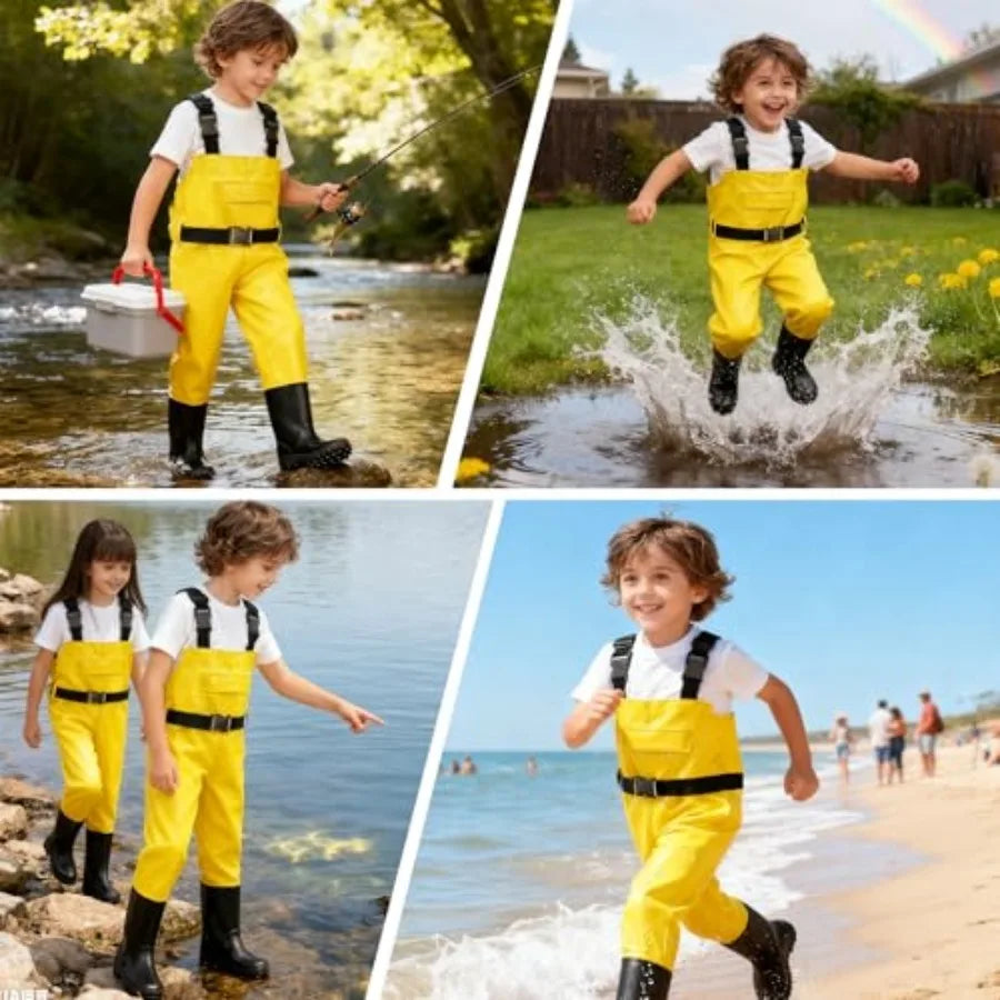 Kids' Chest Waders with Boots, Waterproof & Non-Slip, Ages 5–12, Yellow