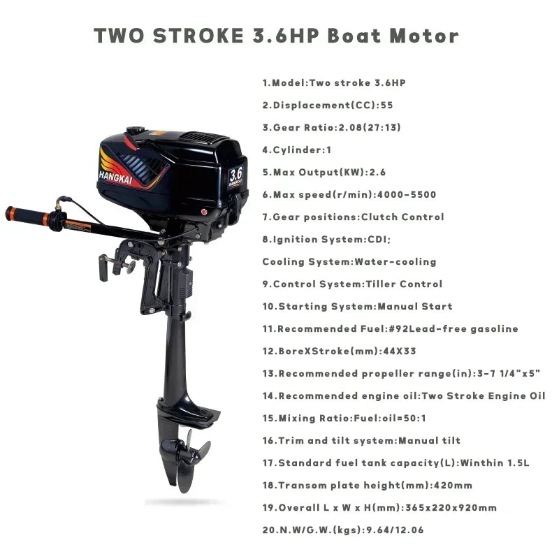 Two Stroke 3.6 HP Powerful Petrol Boat Motor for 2.0-2.6 M Inflatable Kayak Boat 3-4 Person Kayak Canoeing Engine