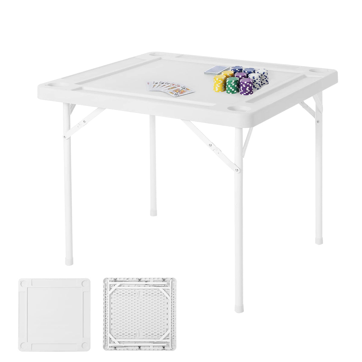 35" Folding Card Table, Portable 4-Player Domino & Mahjong Table with Cup Holders & Chip Trays, Heavy Duty Square Foldable Table for Poker, Camping and Picnic