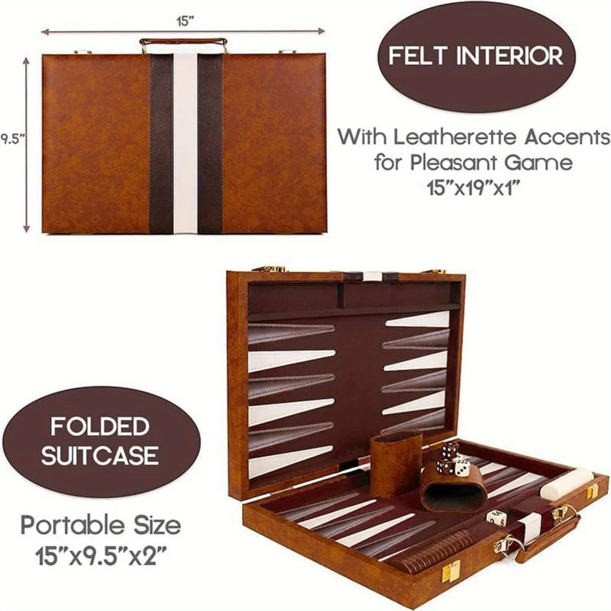 15inch Backgammon Set Classic Folding Board with Leather Case, Portable Travel Game, Ideal Gift Package for Strategy Lovers