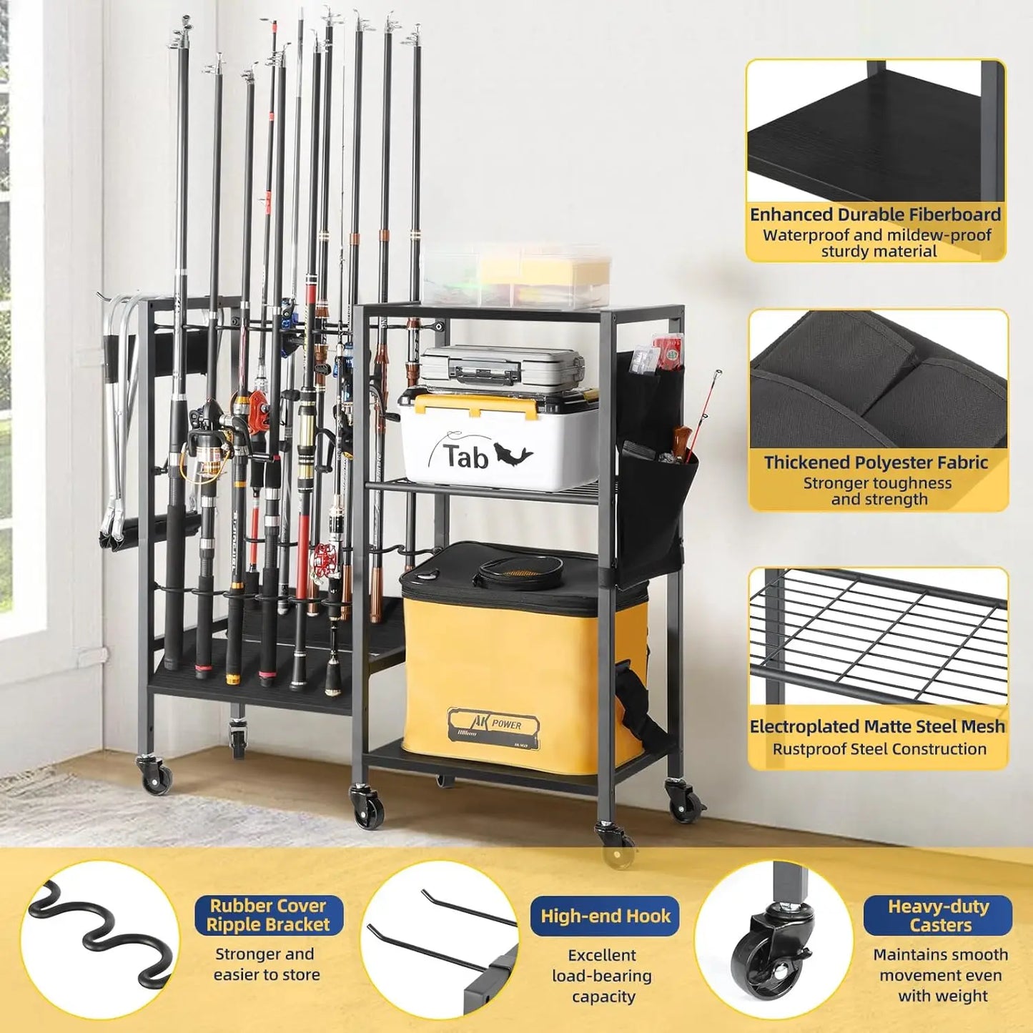 Rolling Fishing Rod Rack for Garage & Boat, Tackle Box & Reel Holder Cart, Easy Assembly Gear Management System, Gift for Dad Anglers