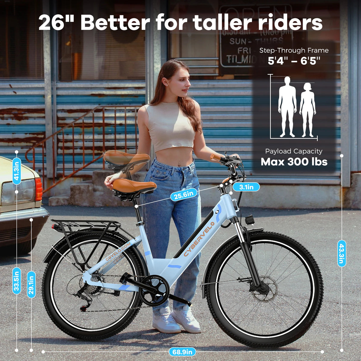 Cybervelo EK2 26" Step-Thru Electric Bike, 1000W Peak, Removable 48V Battery