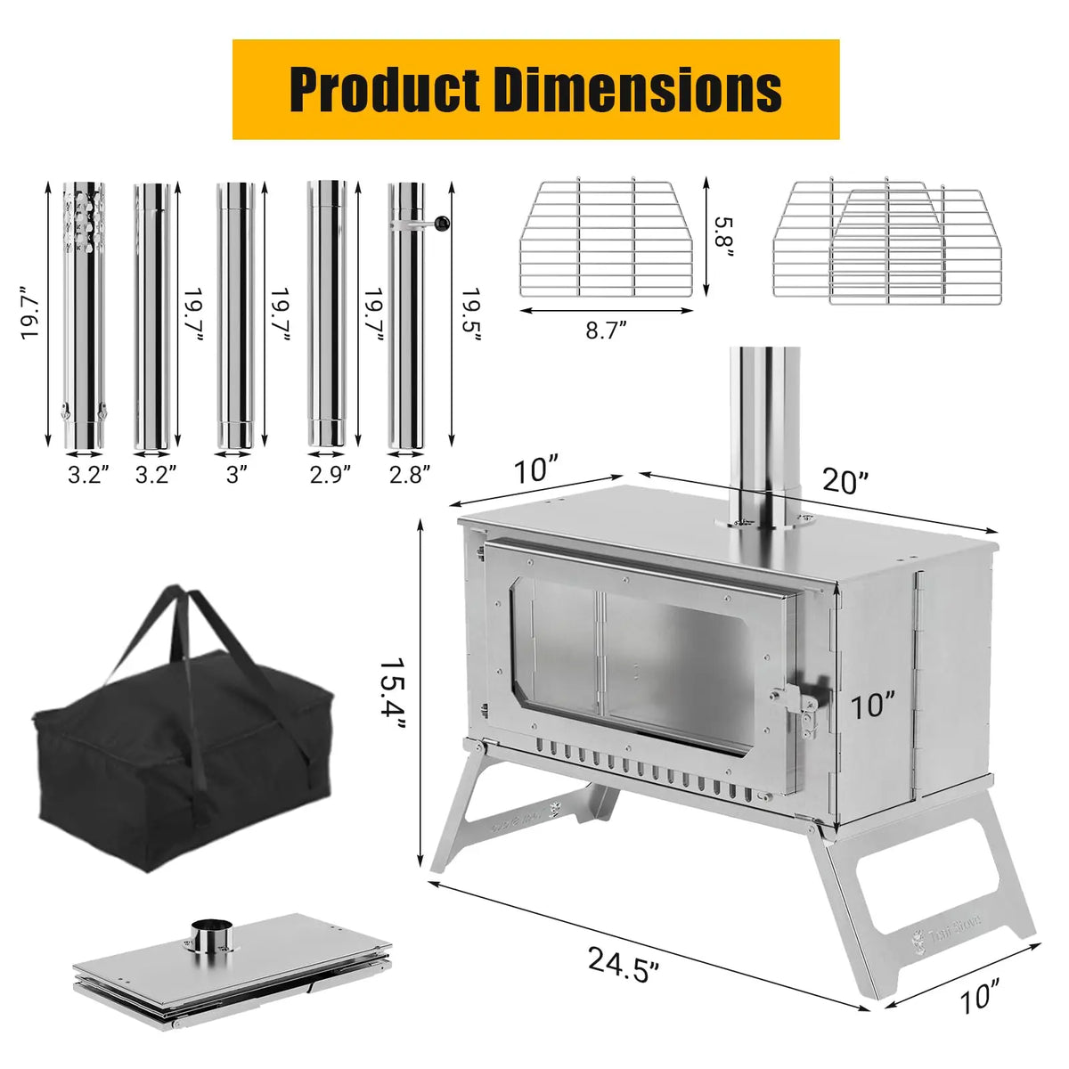 Hot Tent Stove – Wood Burning Camping Stove with 5 Pipes