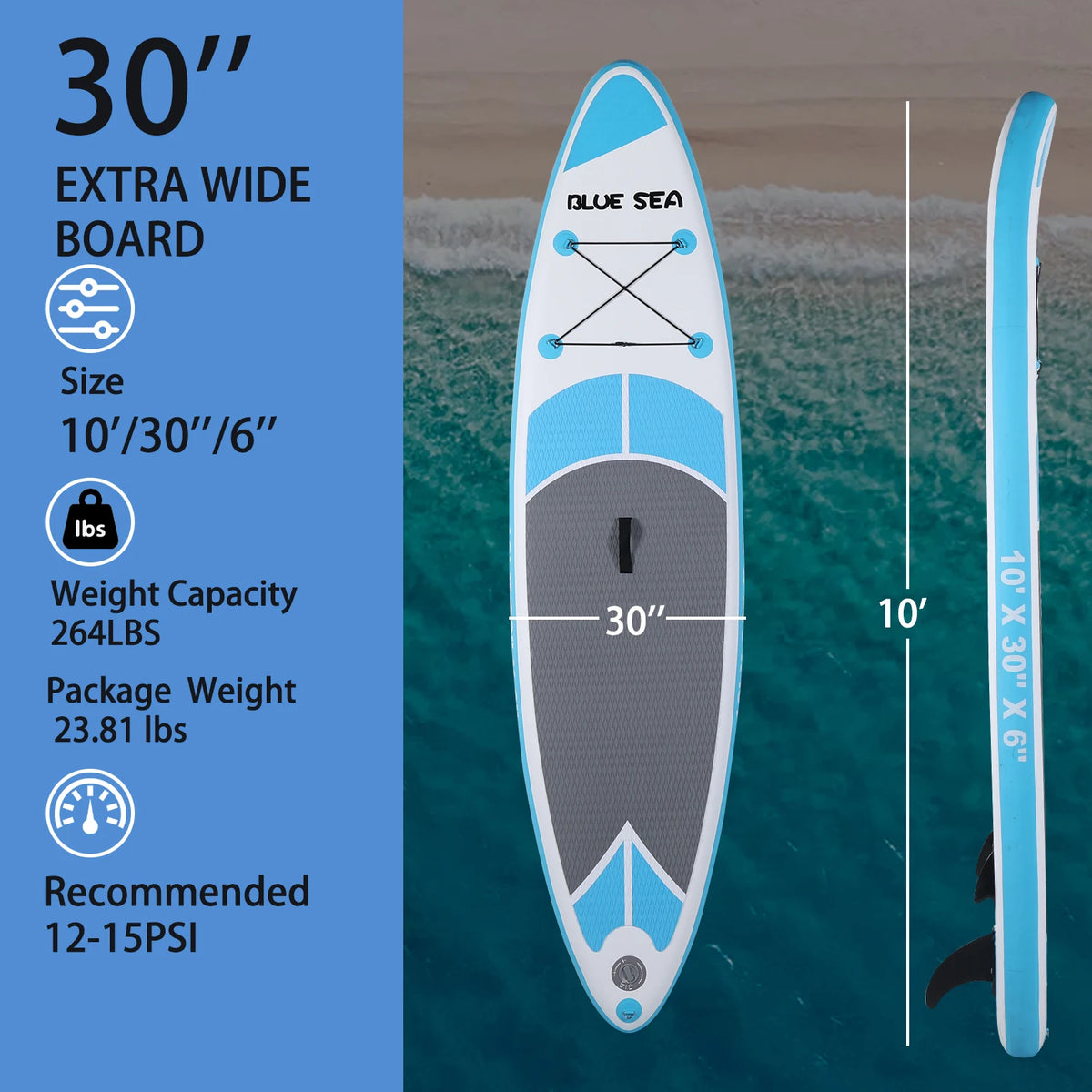 10' Inflatable Paddle Board with Paddle, Pump, Leash & Backpack, Sky Blue