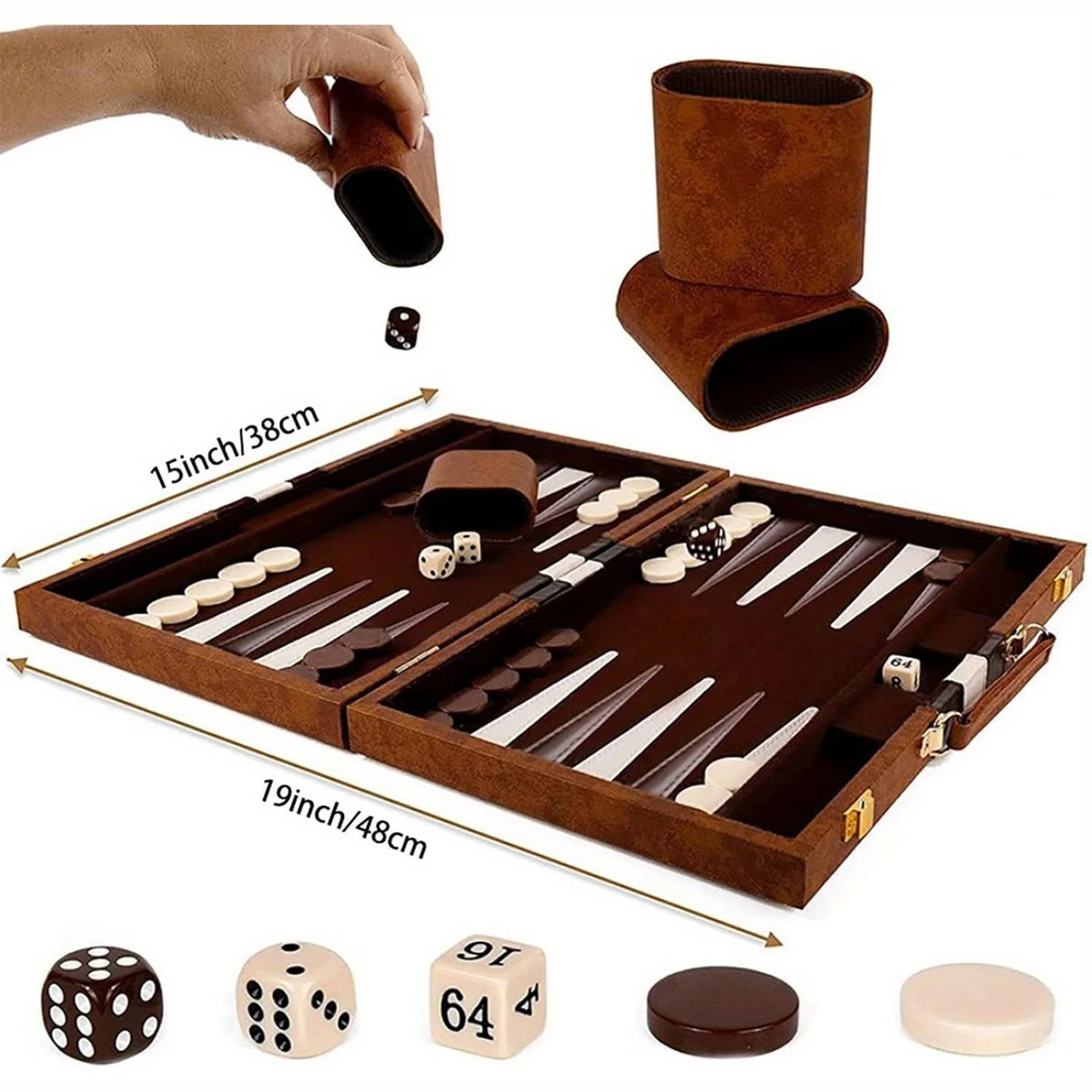 15inch Backgammon Set Classic Folding Board with Leather Case, Portable Travel Game, Ideal Gift Package for Strategy Lovers