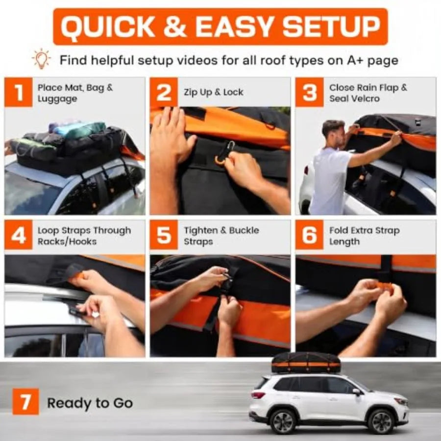 Rooftop Cargo Bag for Cars & SUVs, 20 Cu Ft, Waterproof, Black & Orange