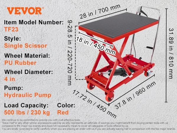 SucceBuy 330/500lbs Hydraulic Lift Table Cart Manual Single Scissor Platform with 4Wheels and Non-slip Pad for Material Handling