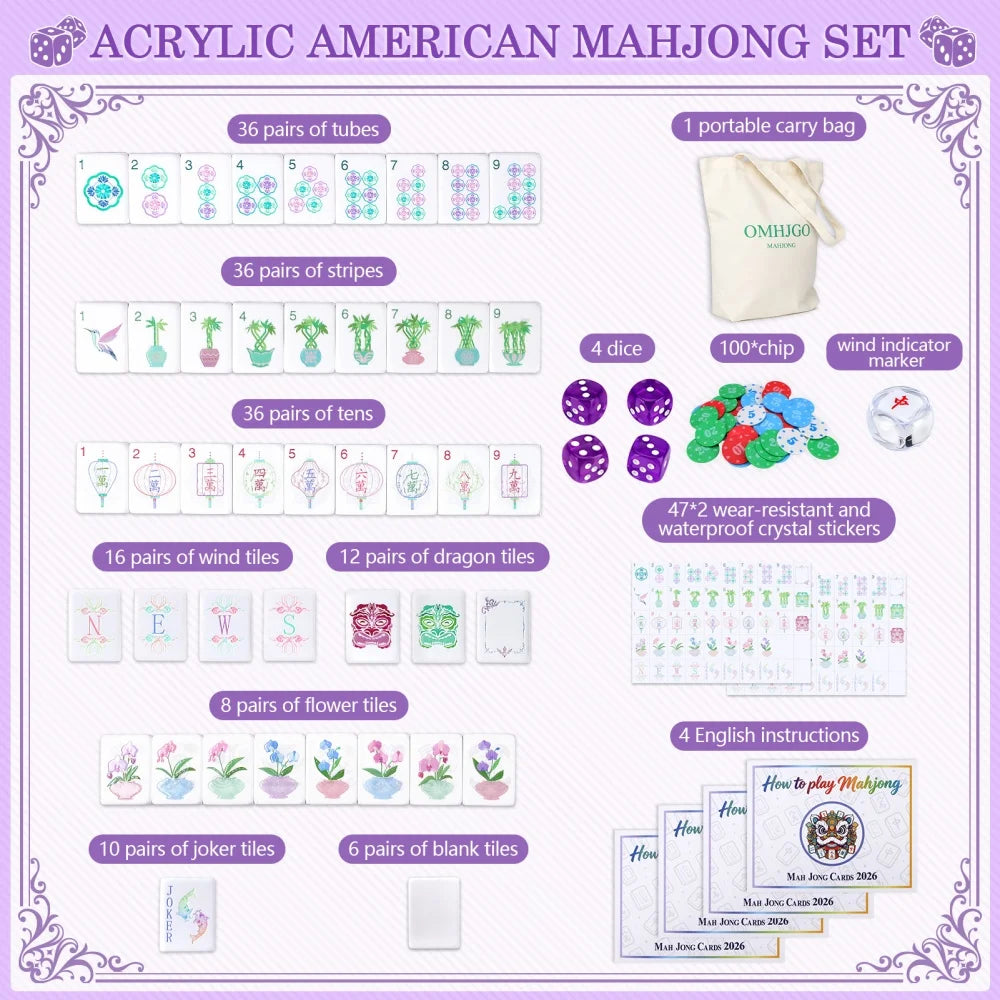 4-Layer Acrylic Light Purple American Mahjong Set Luxury Engraved Mahjong Tiles Portable Mah Jongg Travel Sets for Board Games