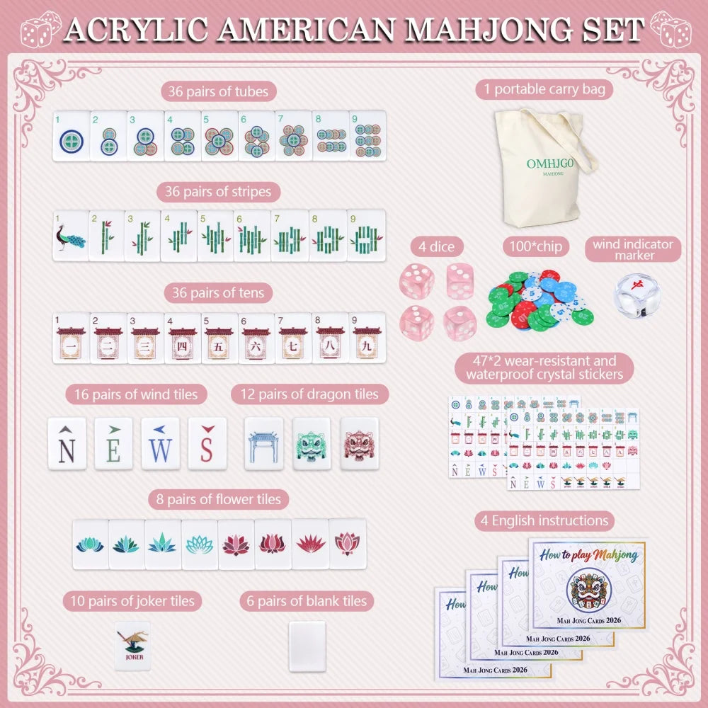 Local Stock Hibiscus Powder American Mahjong Set 4-Layer Luxury Acrylic Mahjong Game Tiles Engraved Travel Mah Jongg Sets Gifts