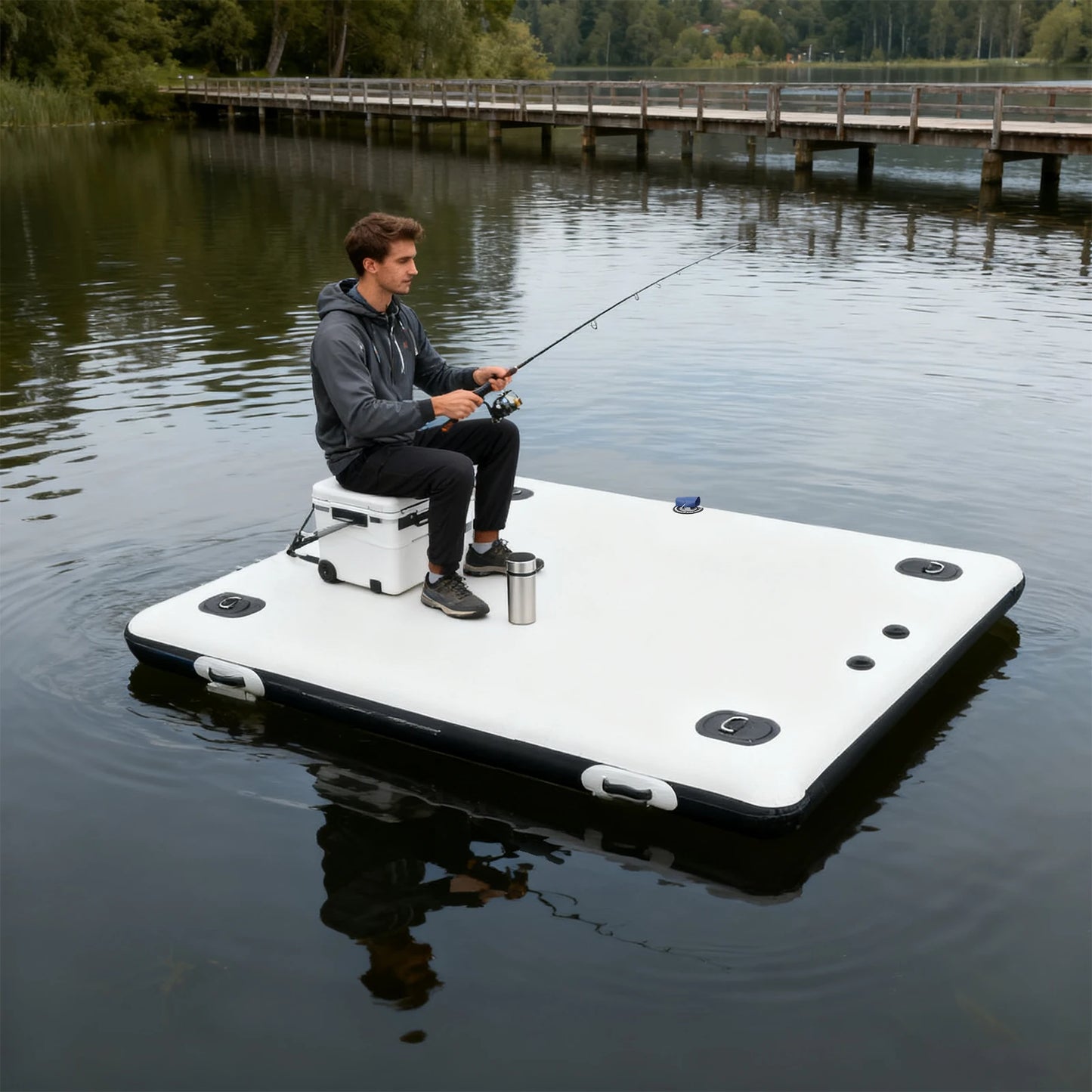 Inflatable Boats, Canoe Trolley Cart, Kayak, 2m Folding Floating Fishing Platform for Outboard Motor, PVC Strong Raft Dinghy, Portable Fishing Dock with Double-Action Pump, Stainless D Rings, 400kg Load, Easy Storage for Outd