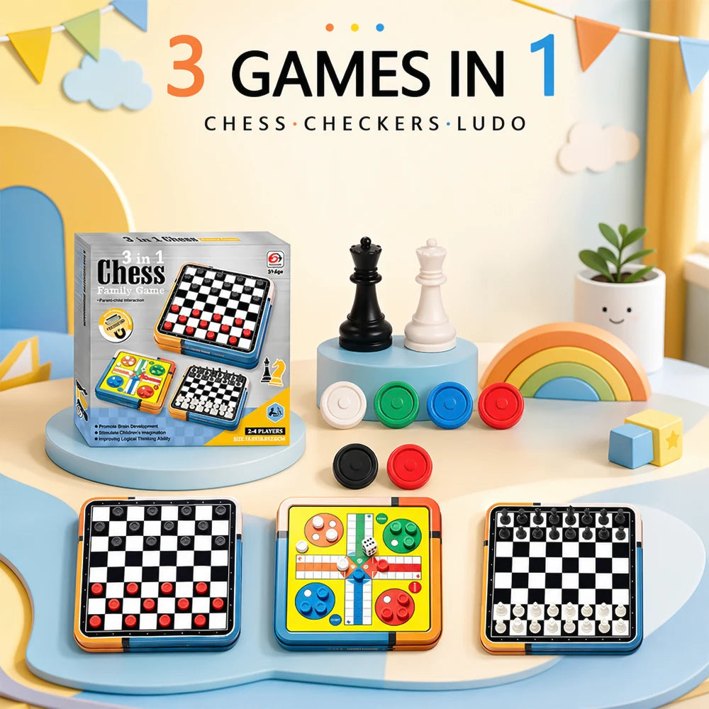 Portable 3‑in‑1 Chess Checkers Ludo Board Game Set Folding Storage Travel Family Puzzle Game, 2‑4 Players Educational Brain Development Toy, Surprise Holiday Gift for Kids Adults Birthday Halloween Christmas Thanksgivin