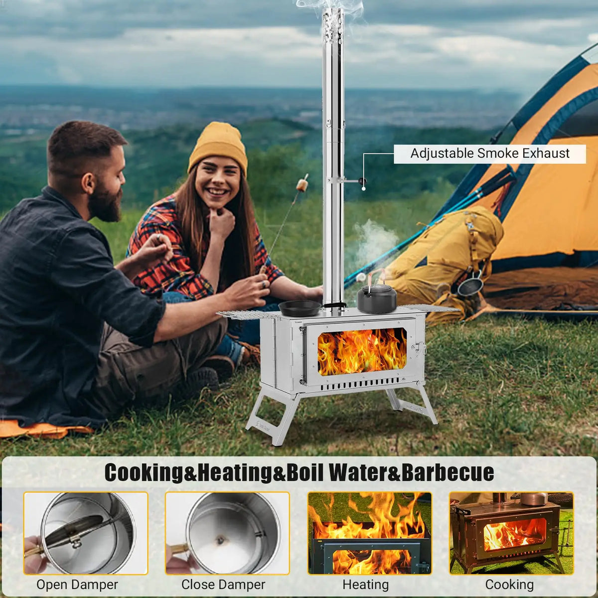 Hot Tent Stove – Wood Burning Camping Stove with 5 Pipes