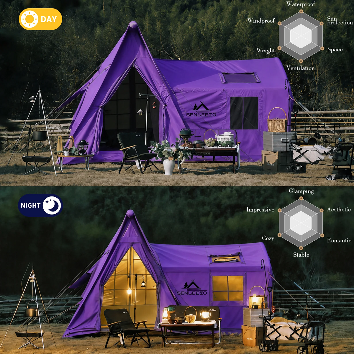 SENLEETO Large Inflatable Camping Tent 4-6 Person with Rain Fly/Canopy,Black Coating Glamping Hot Tent with Stove Jack AC Vent