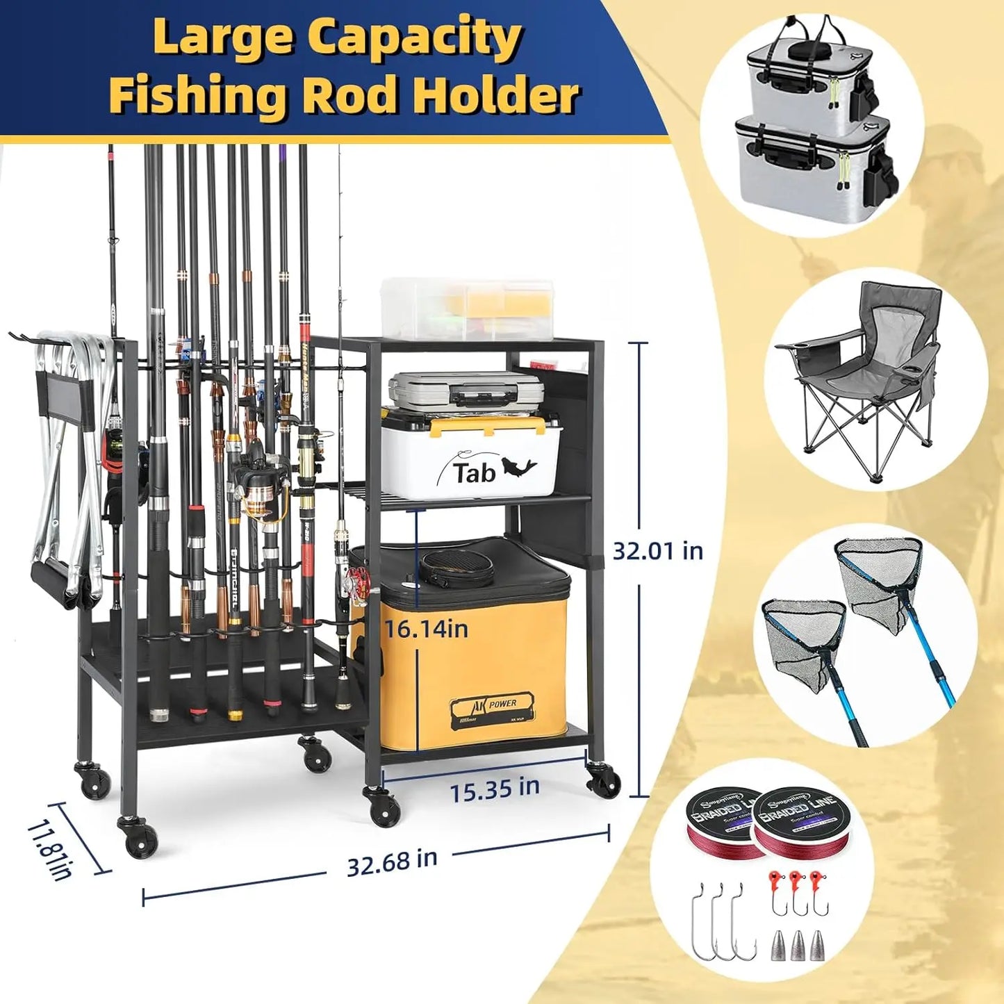 Rolling Fishing Rod Rack for Garage & Boat, Tackle Box & Reel Holder Cart, Easy Assembly Gear Management System, Gift for Dad Anglers