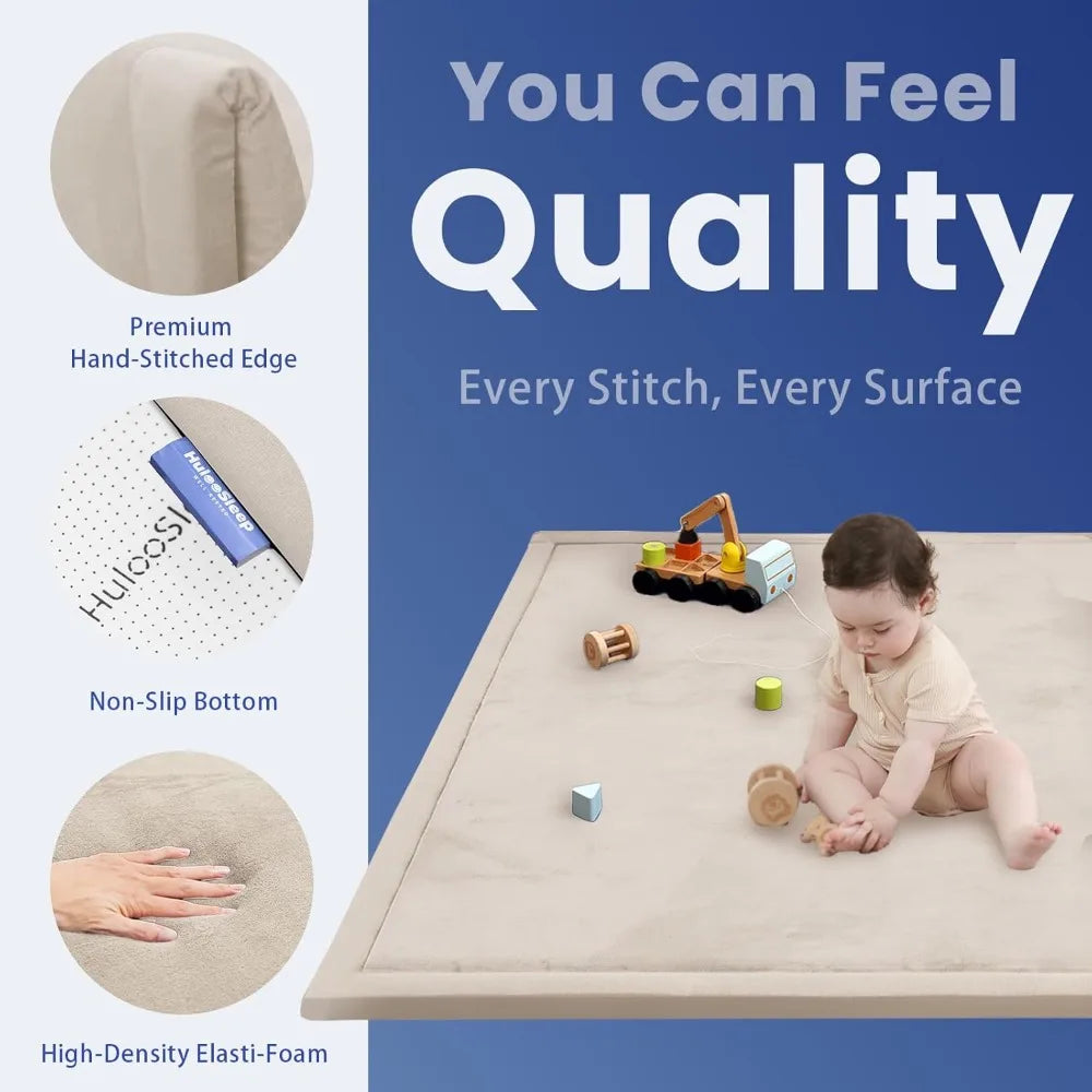 1.3" Thick Memory Foam Play Mat for Floor, Soft Coral Velvet, Extra Large Non-Slip for Crawling & Yoga, Tatami Style (Beige)
