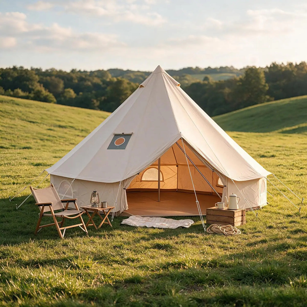 Tacleekii Bell Tent Glamping Tent with Stove Jack, PVC Base, Mesh Window, 4 Season Use, Yurt Hot Tents for Camping, Family, Party