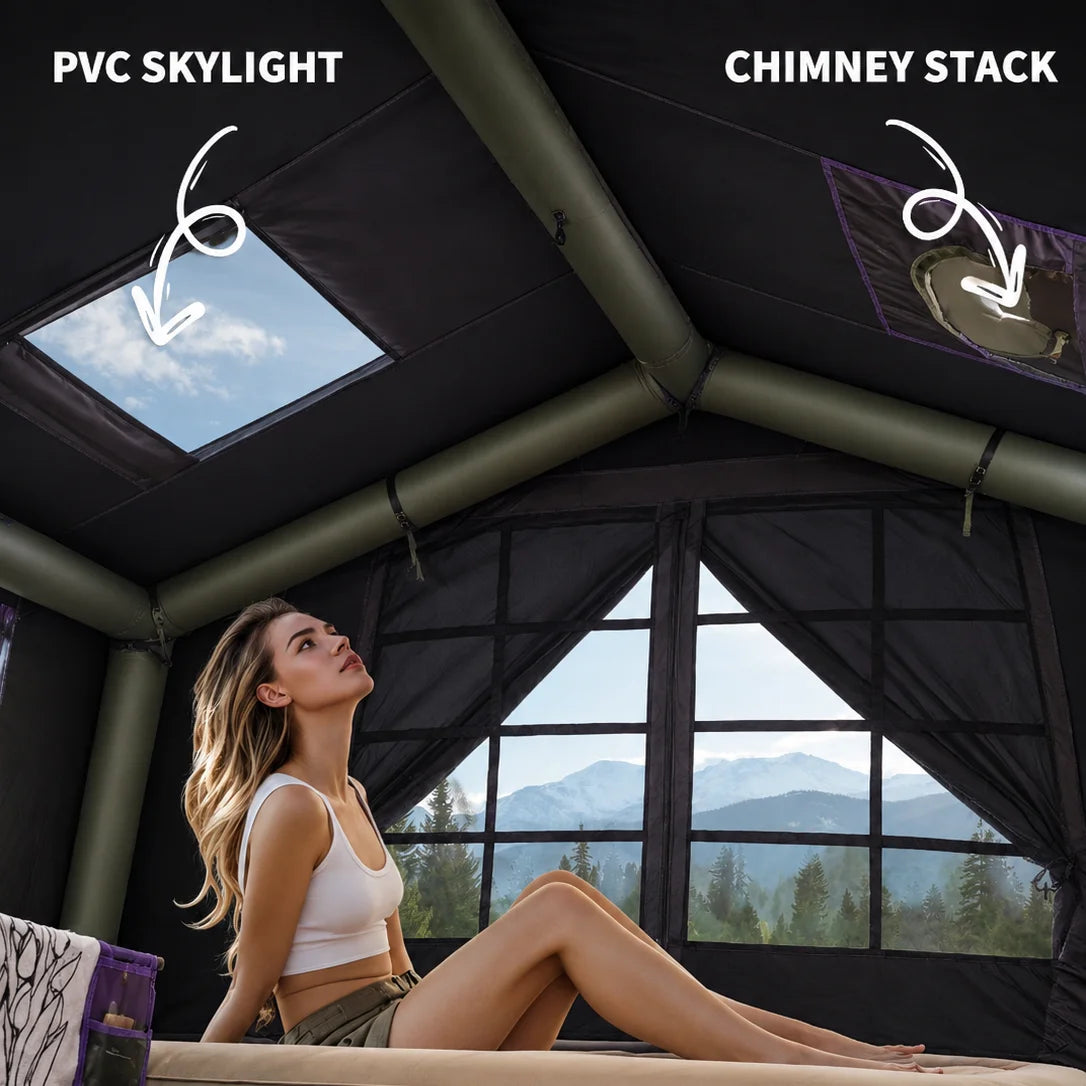 SENLEETO Large Inflatable Camping Tent 4-6 Person with Rain Fly/Canopy,Black Coating Glamping Hot Tent with Stove Jack AC Vent