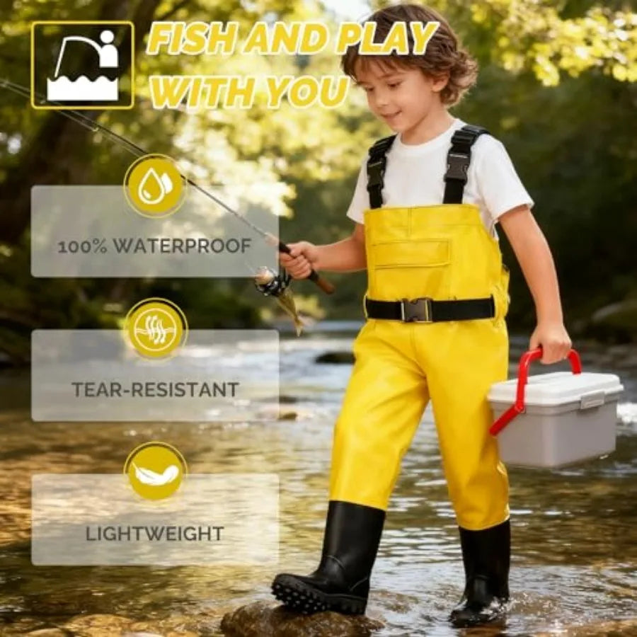 Kids' Chest Waders with Boots, Waterproof & Non-Slip, Ages 5–12, Yellow