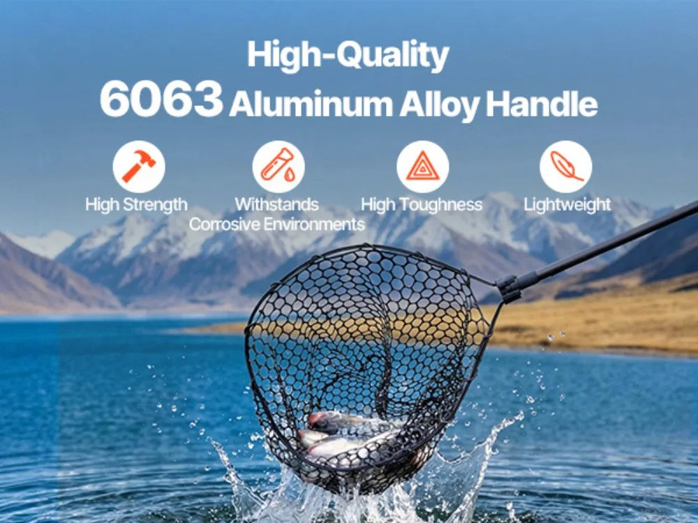 143cm/56.3in fishing net, foldable landing net with telescopic handle, lightweight and sturdy 6063 aluminum fishing gear, fishing net with anti slip telescopic rod handle, foldable fishing net, soft silicone fish friendly net