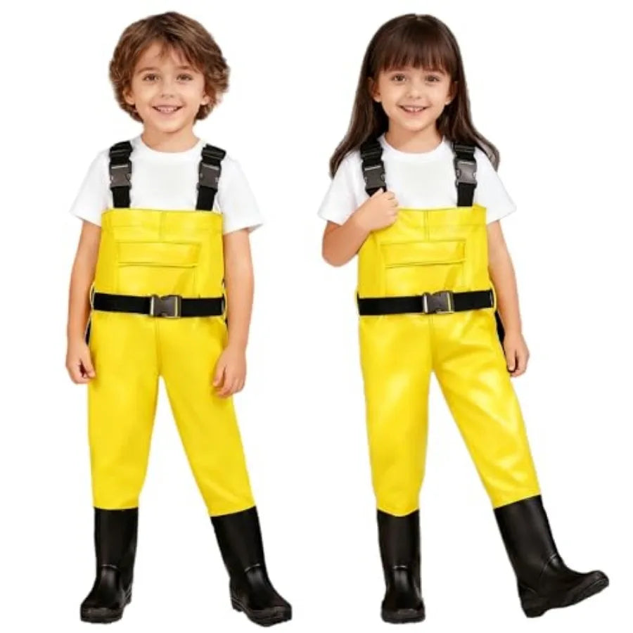 Kids' Chest Waders with Boots, Waterproof & Non-Slip, Ages 5–12, Yellow