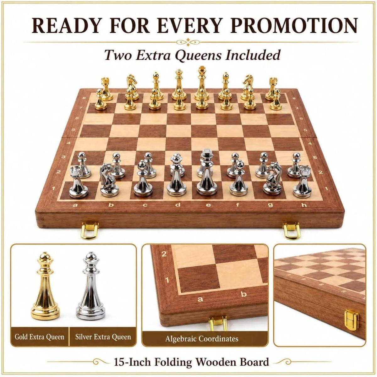 15" Metal Chess Set with Folding Wooden Board & Zinc Alloy Pieces