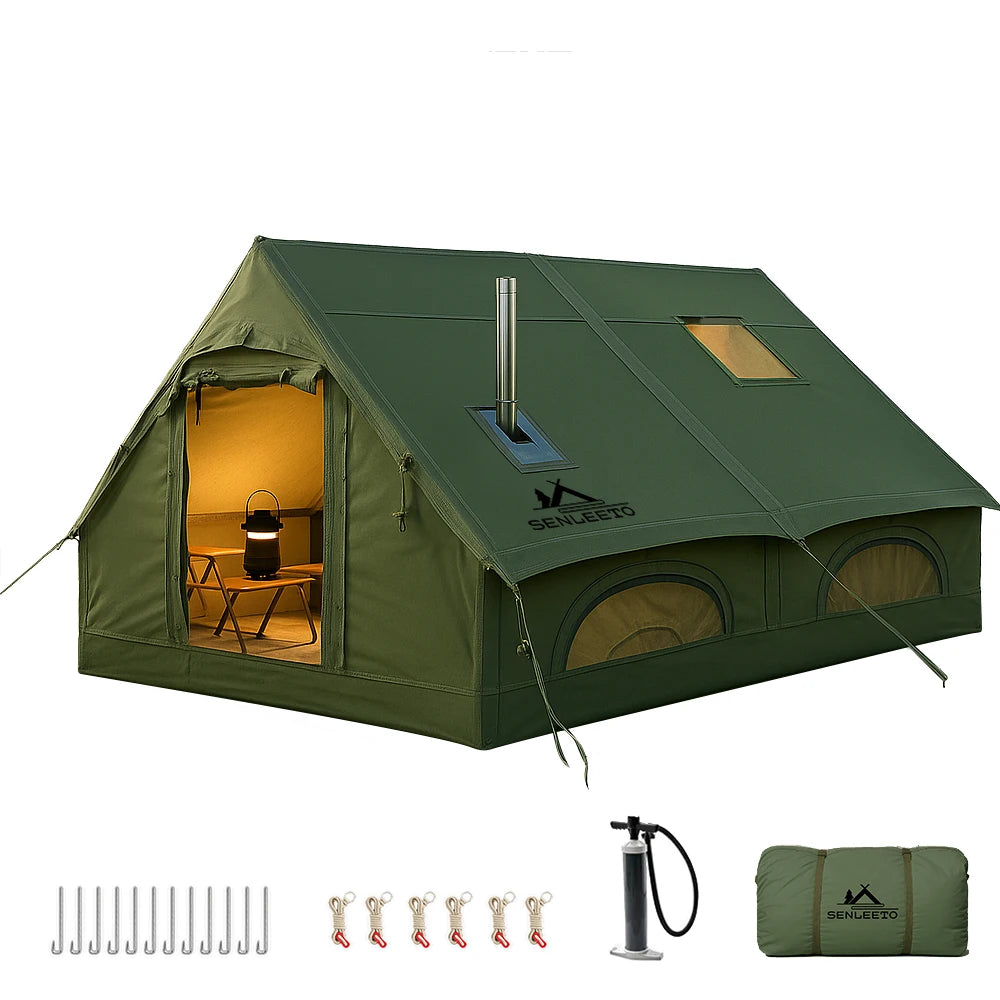 Inflatable Glamping Tent 4/6/8 Person with Skylight,4 Season Waterproof Inflatable Hot Tent with Stove Jack&AC Vent,Easy Setup Air Tent with High Pressure Pump