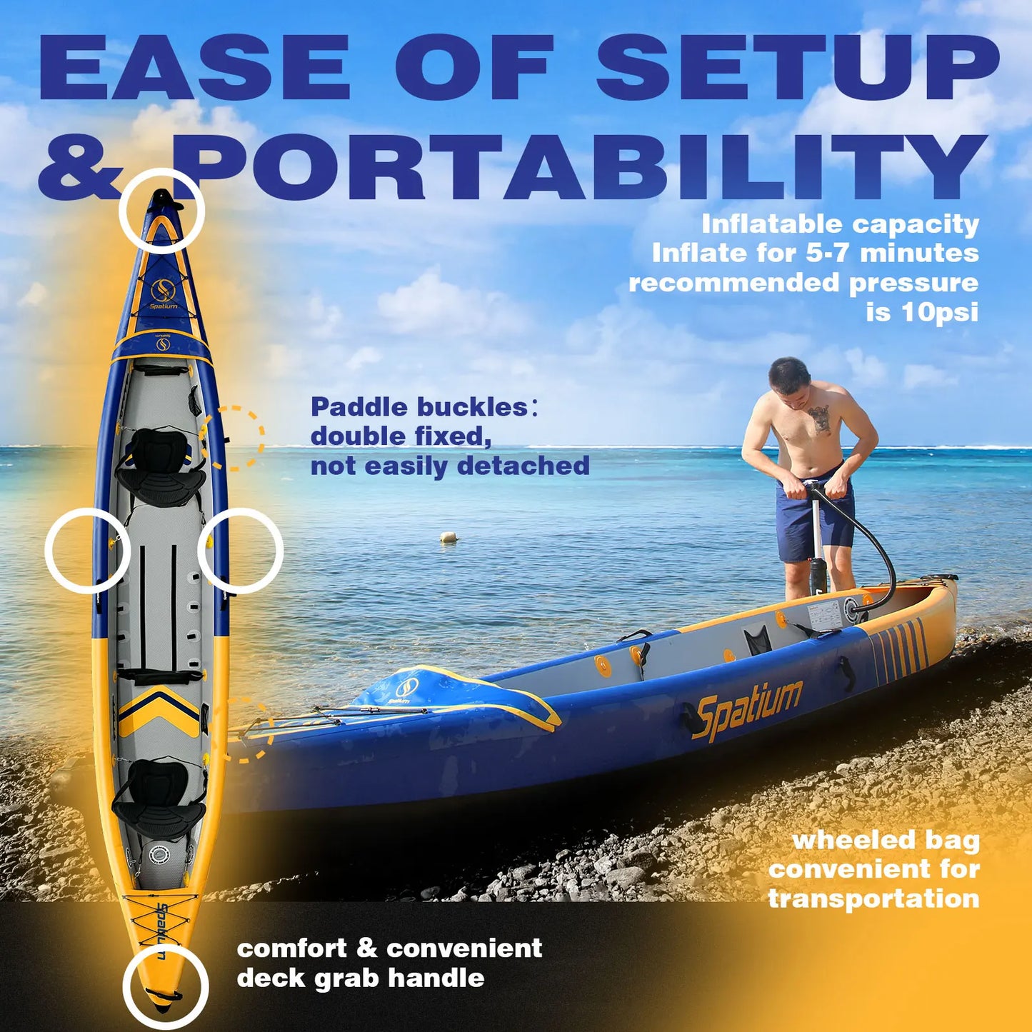 Spatium Inflatable Kayak Canoe Rowing Boat Fishing OEM Drop Stitch 2-3 Person Double Seats Detachable Water Sports