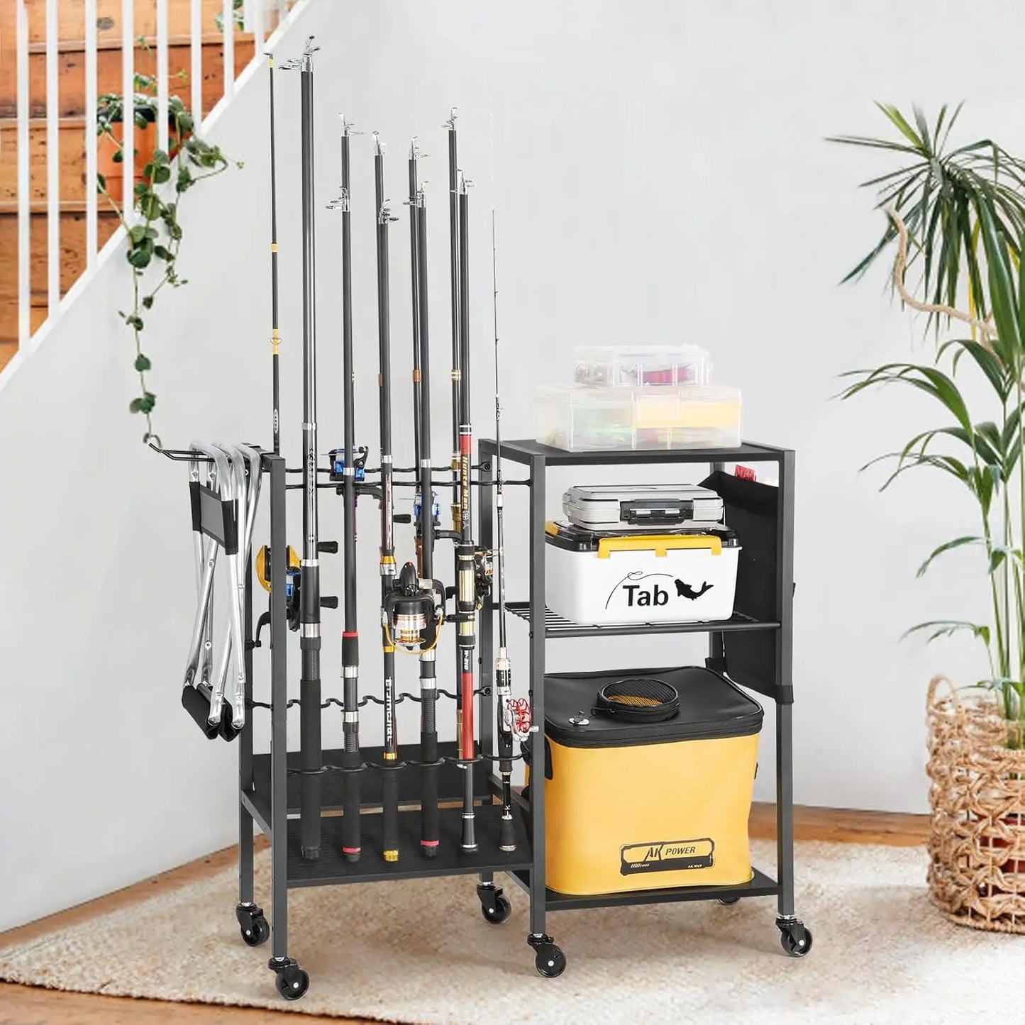 Rolling Fishing Rod Rack for Garage & Boat, Tackle Box & Reel Holder Cart, Easy Assembly Gear Management System, Gift for Dad Anglers