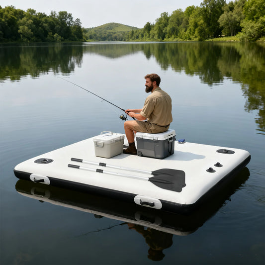Inflatable Boats, Canoe Trolley Cart, Kayak, 2m Folding Floating Fishing Platform for Outboard Motor, PVC Strong Raft Dinghy, Portable Fishing Dock with Double-Action Pump, Stainless D Rings, 400kg Load, Easy Storage for Outd