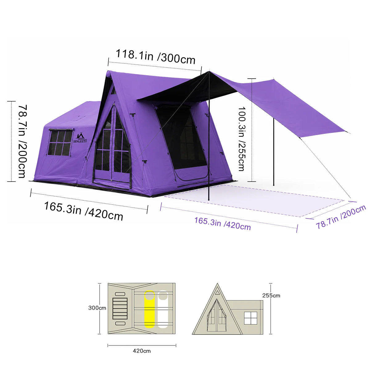 SENLEETO Large Inflatable Camping Tent 4-6 Person with Rain Fly/Canopy,Black Coating Glamping Hot Tent with Stove Jack AC Vent
