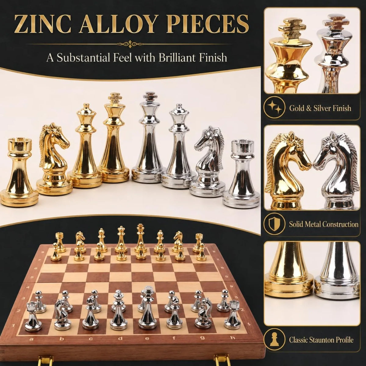 15" Metal Chess Set with Folding Wooden Board & Zinc Alloy Pieces