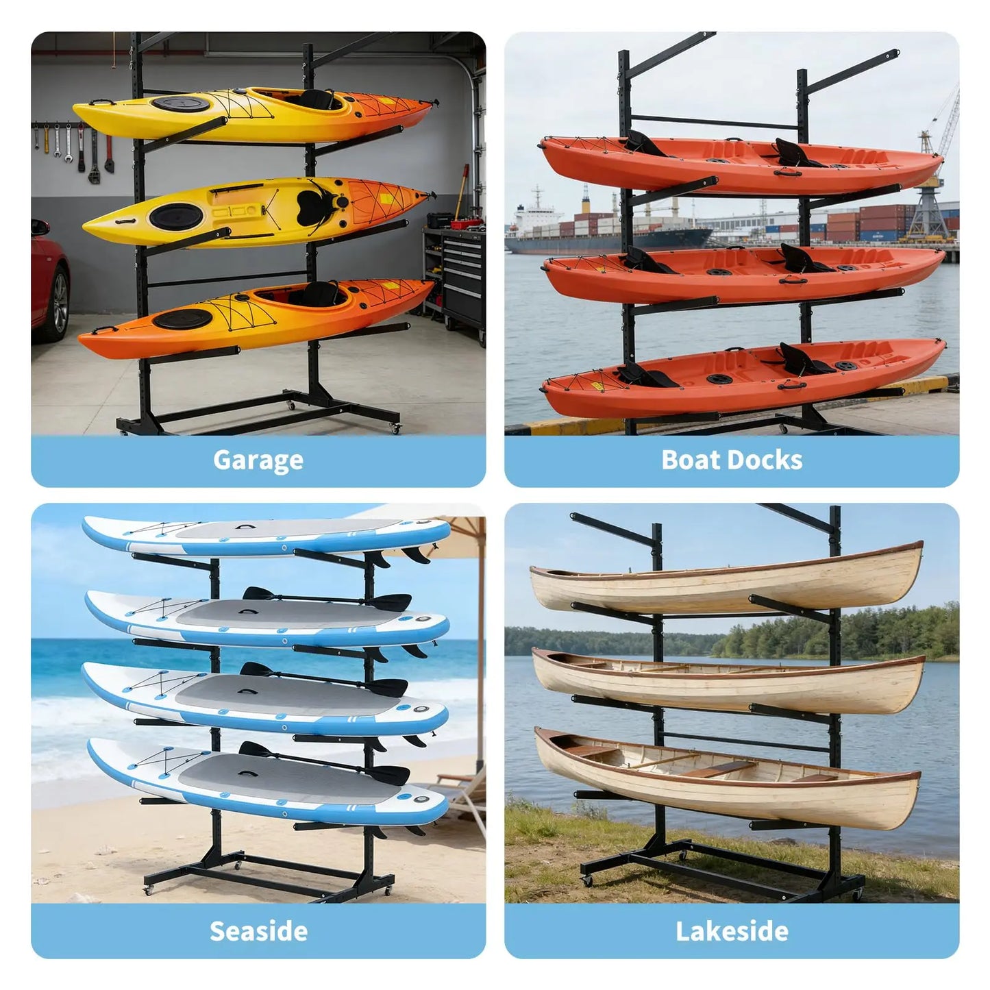 Freestanding Kayak Storage Rack 2/3/4 Tier Adjustable SUP Canoe Stand Heavy Duty Holder With Wheels Outdoor Garage Organizer