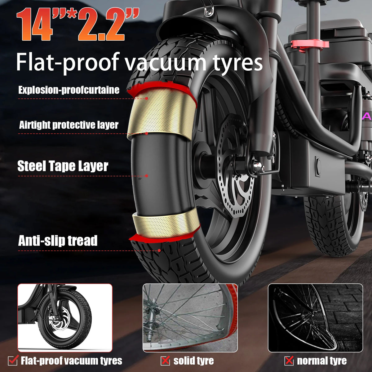 UPlee GQ8 14" Folding Fat Tire Electric Bike with Seat & Trunk, 500W Peak, 48V