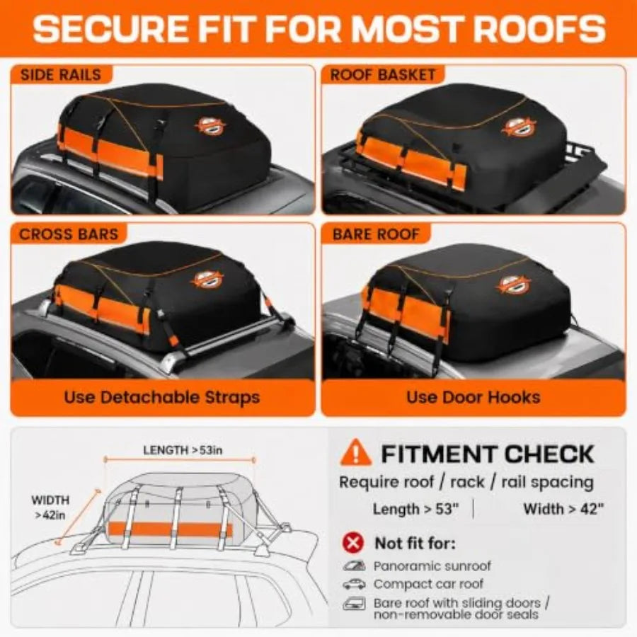 Rooftop Cargo Bag for Cars & SUVs, 20 Cu Ft, Waterproof, Black & Orange