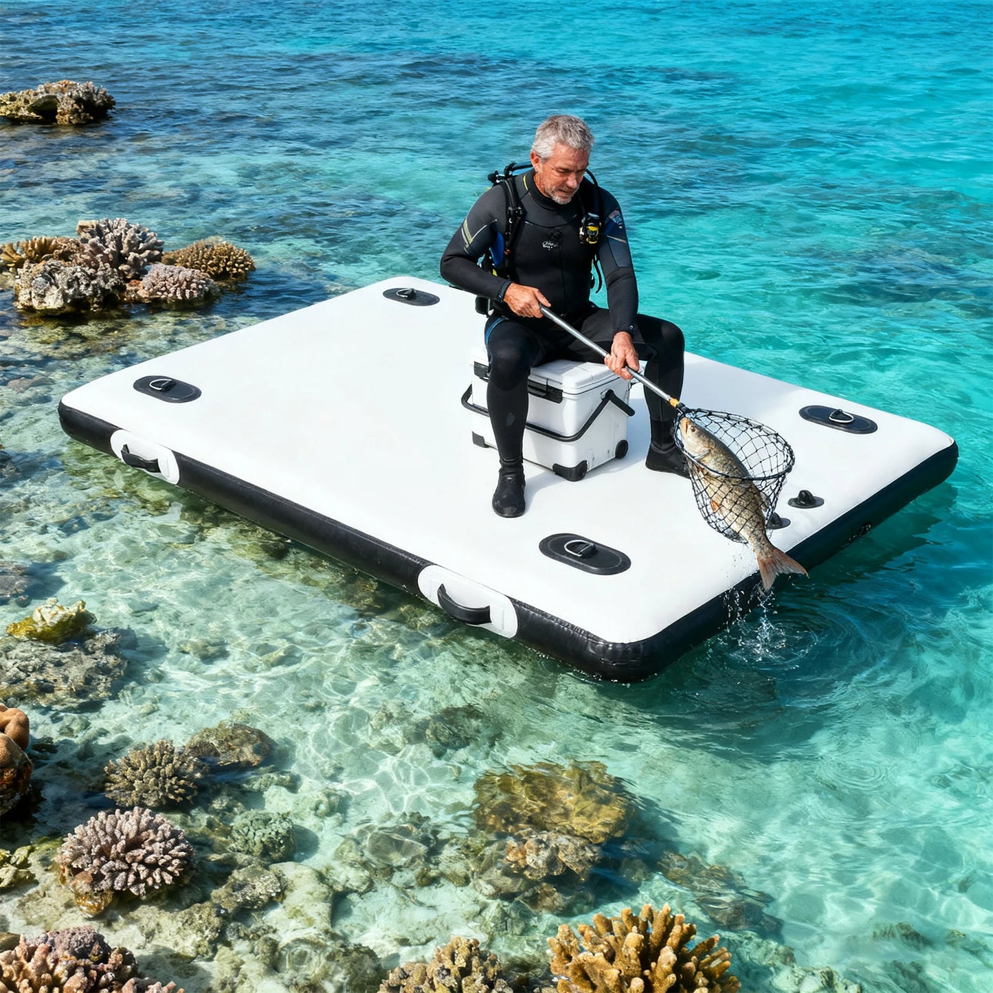 Inflatable Boats, Canoe Trolley Cart, Kayak, 2m Folding Floating Fishing Platform for Outboard Motor, PVC Strong Raft Dinghy, Portable Fishing Dock with Double-Action Pump, Stainless D Rings, 400kg Load, Easy Storage for Outd