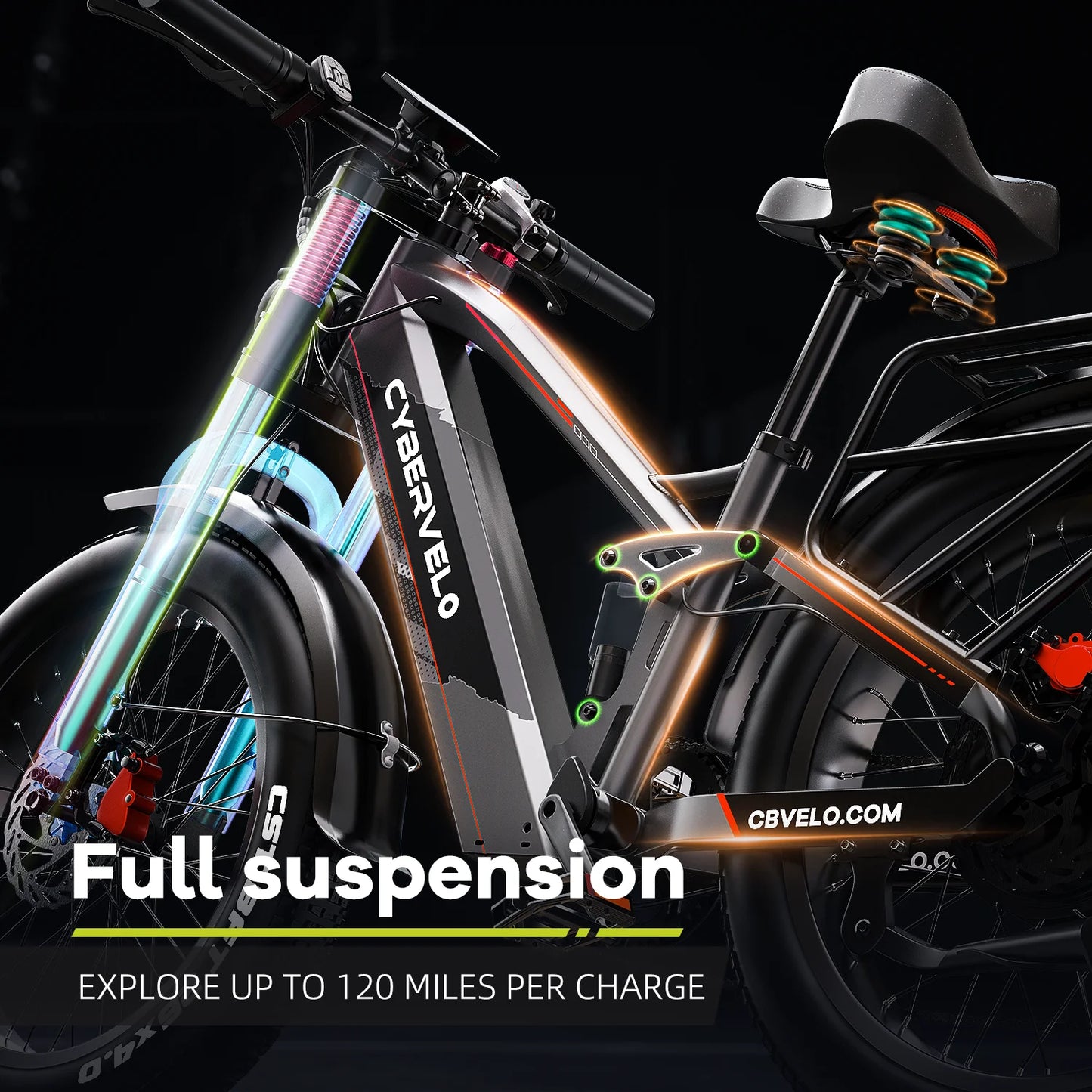 5000W Peak Electric Bicycle for Adults, Cybervelo EK9 26" ALU Frame E-bike 60V 50Ah Built-in Battery 7-Speed Full Suspension